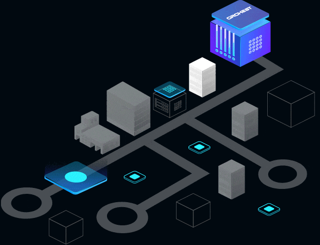 A purple box labeled Orchest has a blue line connecting it to a node on what looks like a circuit board.